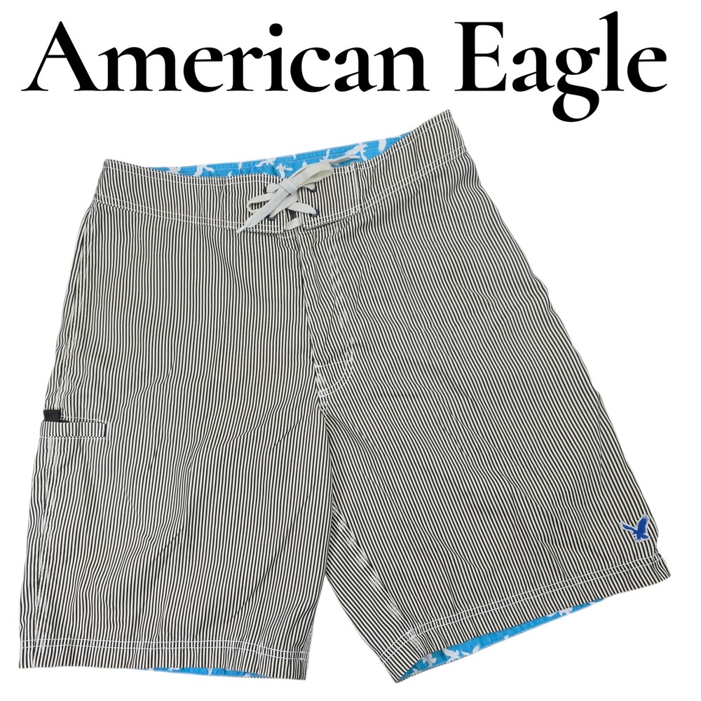 American Eagle Board Shorts Mens 32 Black Striped Polyester Swim Trunks Surf